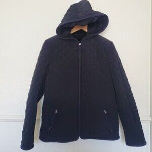 Esprit Womens Full Zip Jacket Coat Quilted Hooded Fleece Lined Black Sz Medium